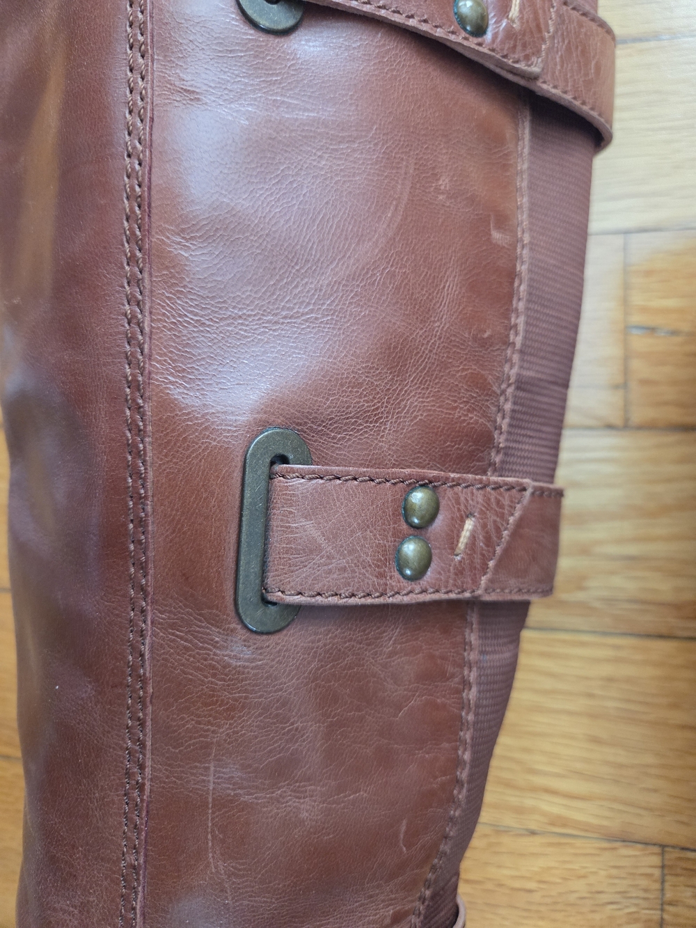 BCBG Tall Cognac Brown Leather Over-the-Knee Boots with Strap Accents Size 8.5 - Picture 2 of 9